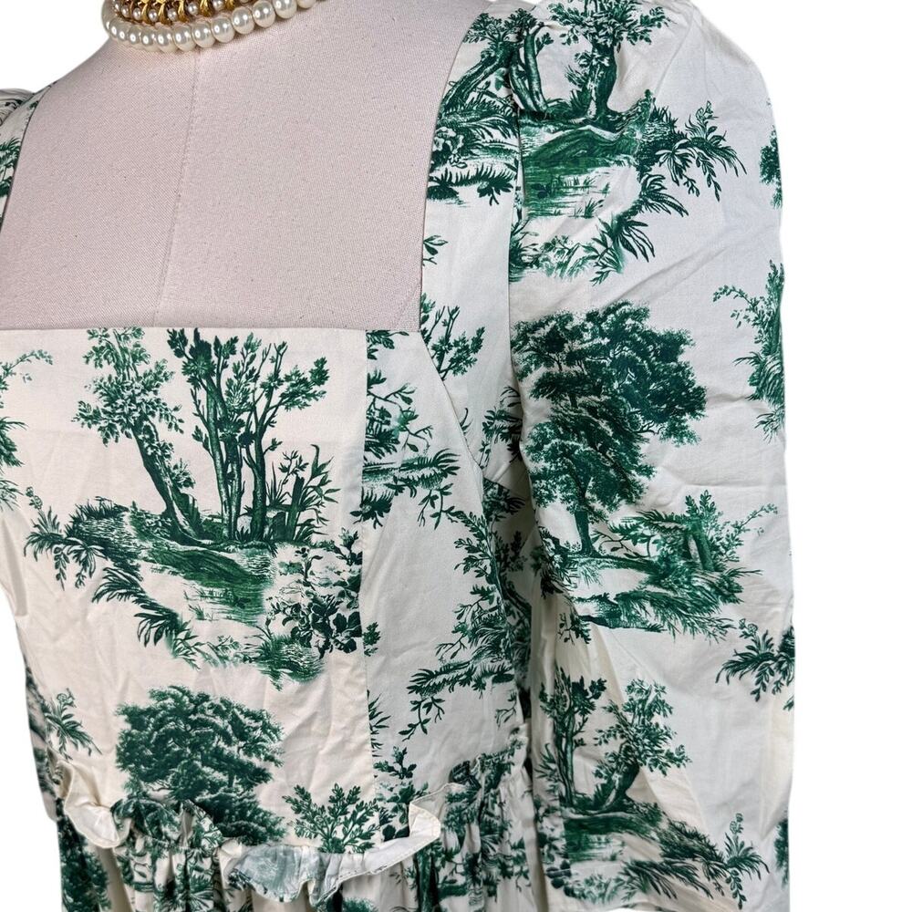 Cara Cara Blue Hill Toile Midi Dress Size 10 Green Botanical Cotton Garden Party - Picture 8 of 15